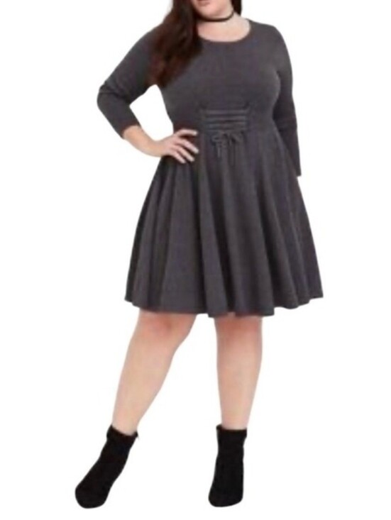 torrid Dresses & Skirts - TORRID Charcoal Gray Lace Up Waist Long Sleeve Sweater Skater Dress Plus Size 2